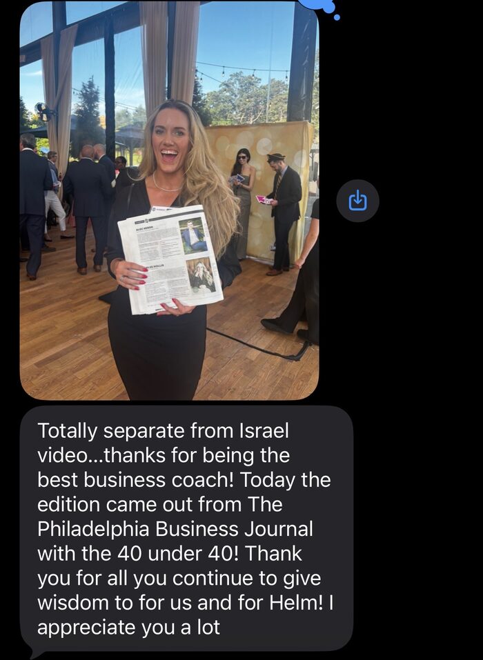 Text message from a coaching client celebrating her 40 Under 40 recognition